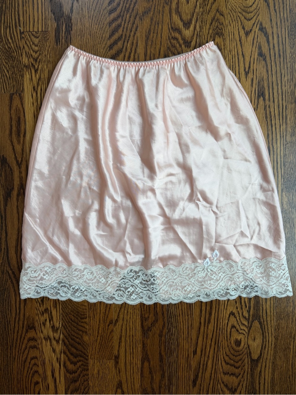 Vintage Women's Blush Pink Satin Mini Slip with Lace Trim